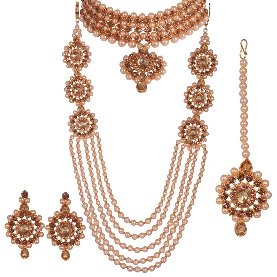 EYES BLINGS Womens Gold Plated Bridal Long Necklace Set Neck Choker with Earrings and Maang Tikka for Women & Girls