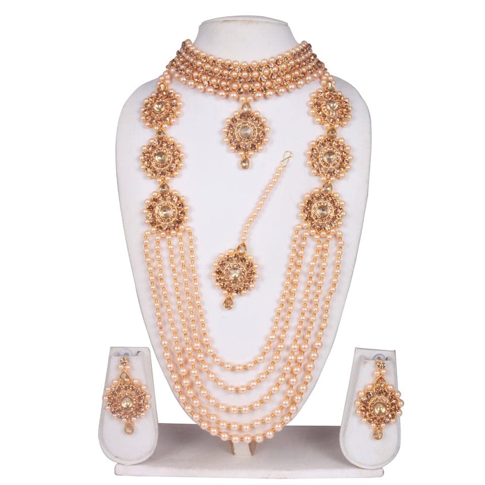 EYES BLINGS Womens Gold Plated Bridal Long Necklace Set Neck Choker with Earrings and Maang Tikka for Women & Girls