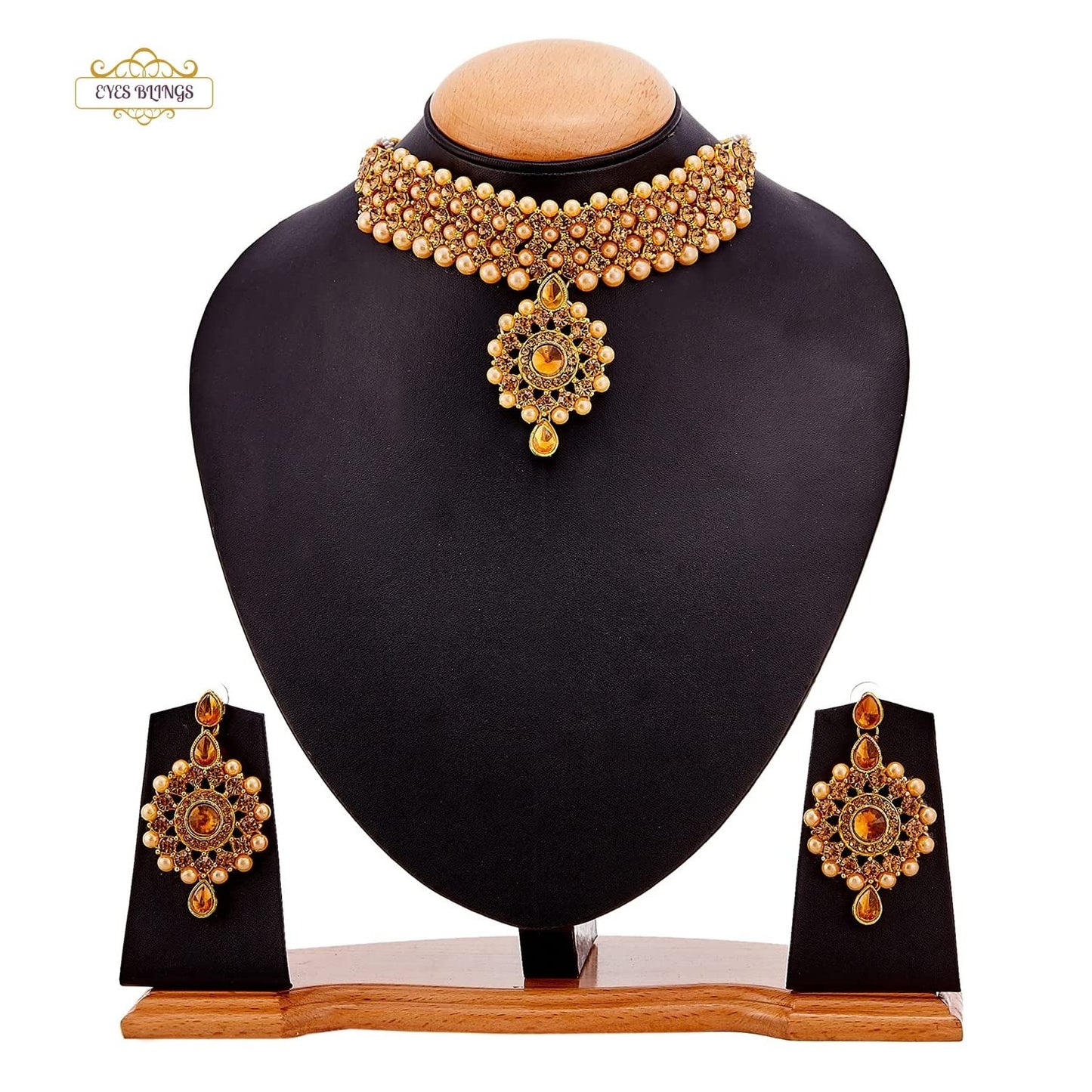 EYES BLINGS Womens Gold Plated Bridal Long Necklace Set Neck Choker with Earrings and Maang Tikka for Women & Girls