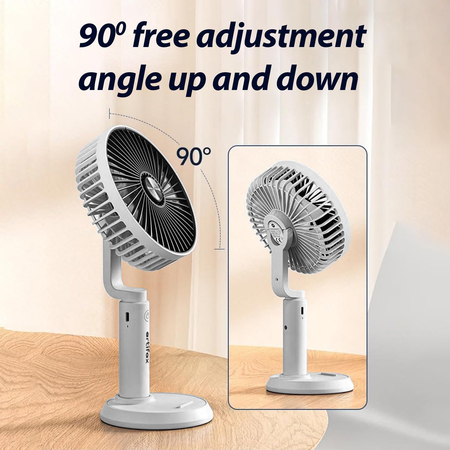 Artifax Rechargeable Portable Fan ART-B-3 | 90° Rotation | 3-Speed | Built-in Mobile Holder | Removable Grill | Type-C Charging | Compact, Durable & Easy to Use (Grey)