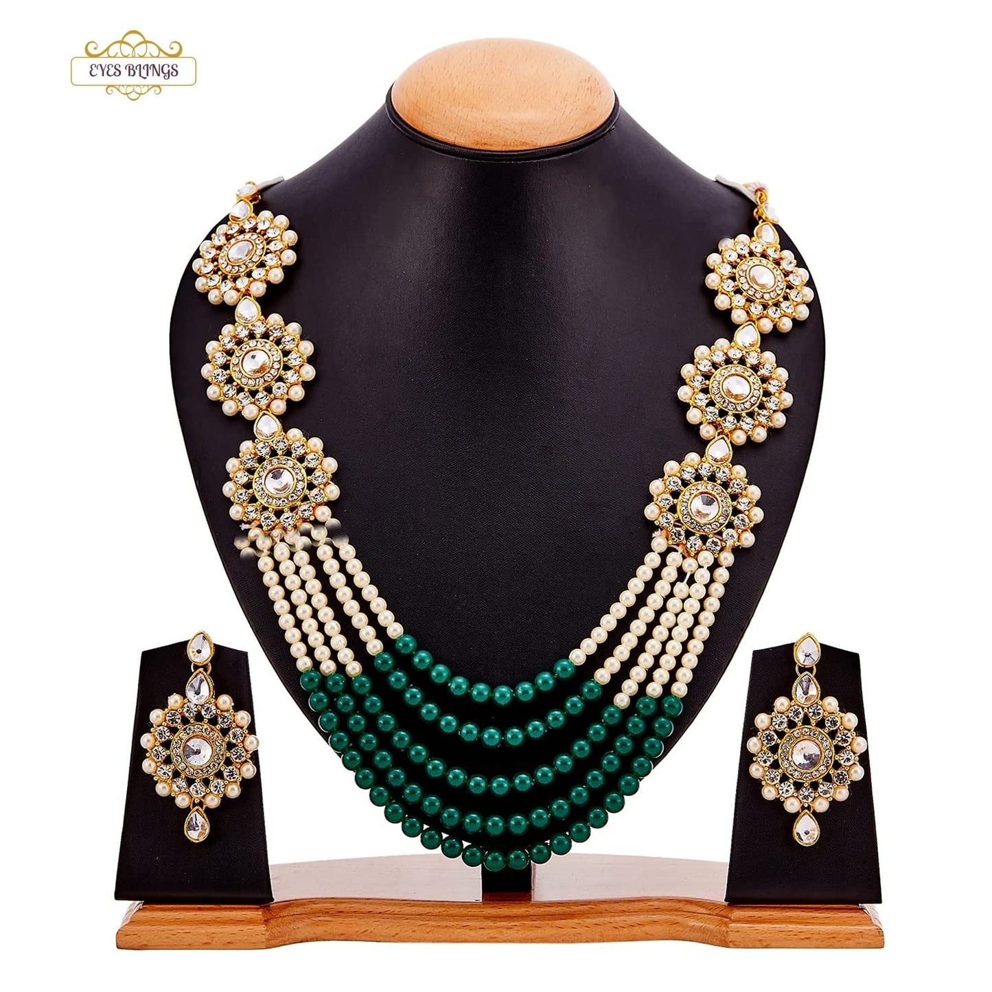 EYES BLINGS Womens Gold Plated Bridal Long Necklace Set Neck Choker with Earrings and Maang Tikka for Women & Girls