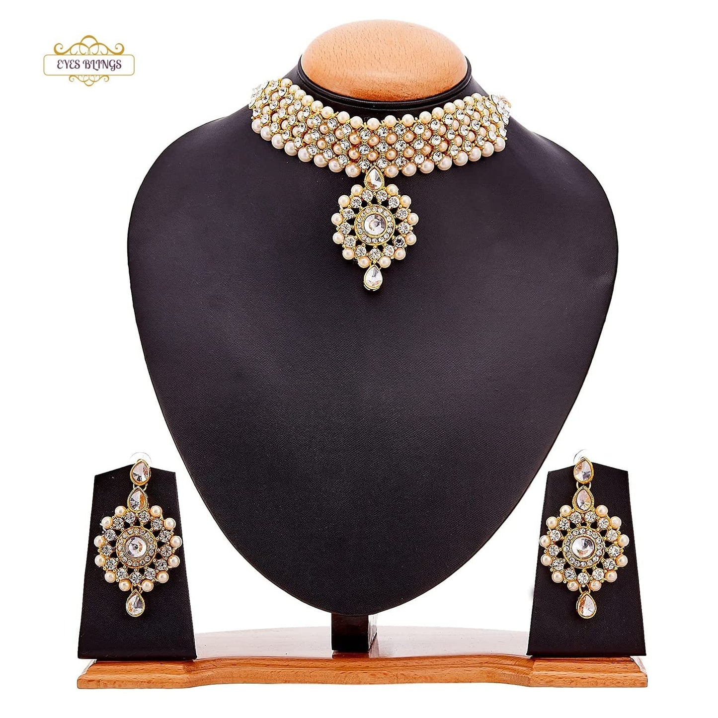 EYES BLINGS Womens Gold Plated Bridal Long Necklace Set Neck Choker with Earrings and Maang Tikka for Women & Girls