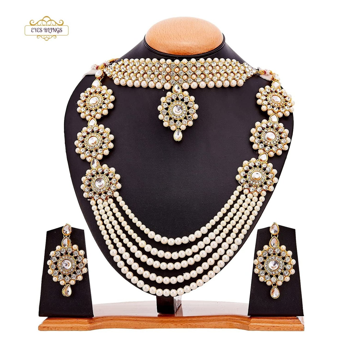 EYES BLINGS Womens Gold Plated Bridal Long Necklace Set Neck Choker with Earrings and Maang Tikka for Women & Girls