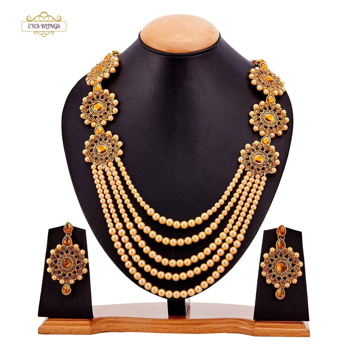EYES BLINGS Womens Gold Plated Bridal Long Necklace Set Neck Choker with Earrings and Maang Tikka for Women & Girls