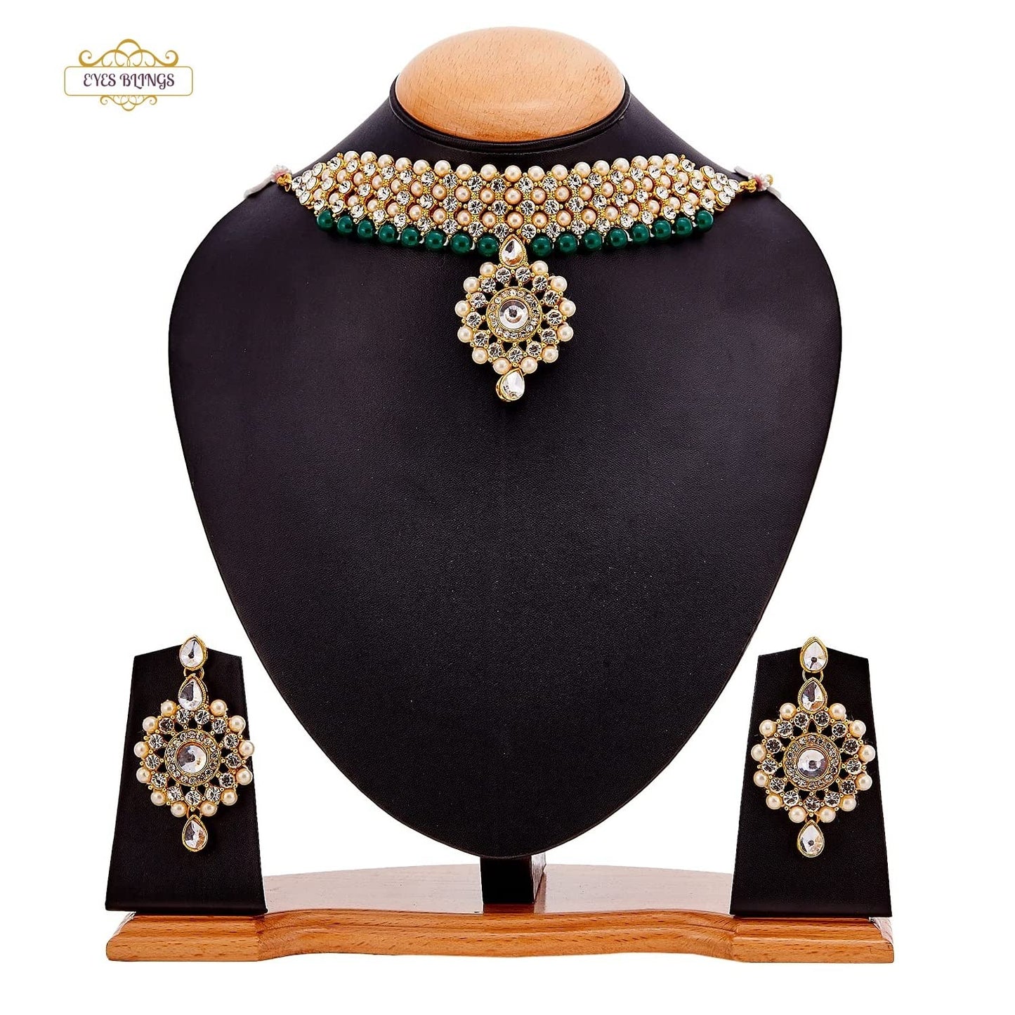 EYES BLINGS Womens Gold Plated Bridal Long Necklace Set Neck Choker with Earrings and Maang Tikka for Women & Girls