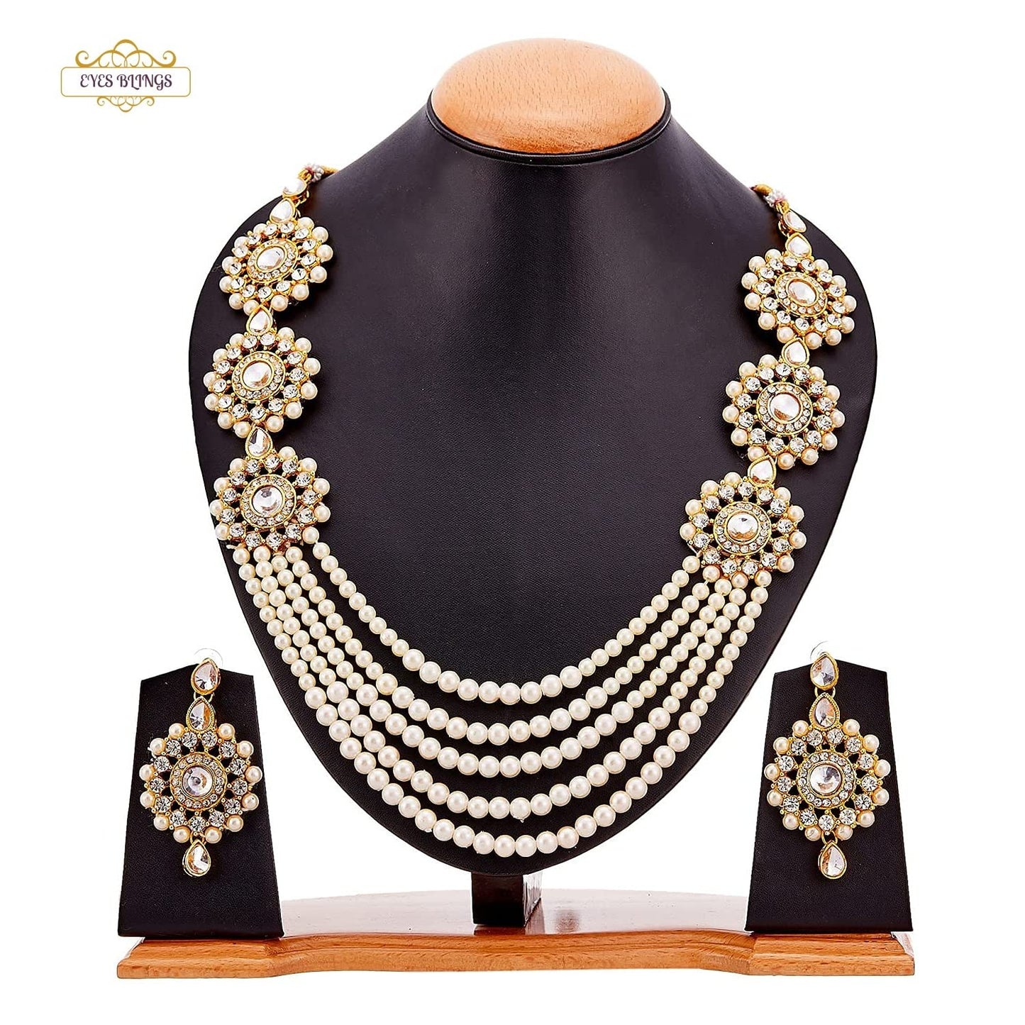 EYES BLINGS Womens Gold Plated Bridal Long Necklace Set Neck Choker with Earrings and Maang Tikka for Women & Girls