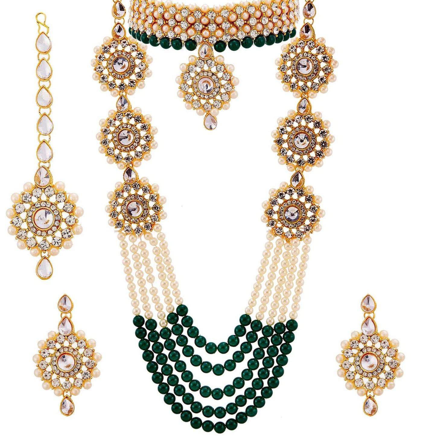 EYES BLINGS Womens Gold Plated Bridal Long Necklace Set Neck Choker with Earrings and Maang Tikka for Women & Girls