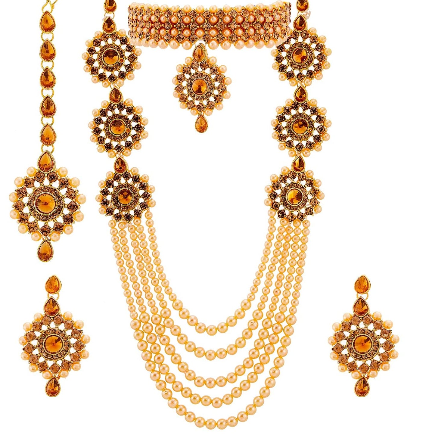 EYES BLINGS Womens Gold Plated Bridal Long Necklace Set Neck Choker with Earrings and Maang Tikka for Women & Girls