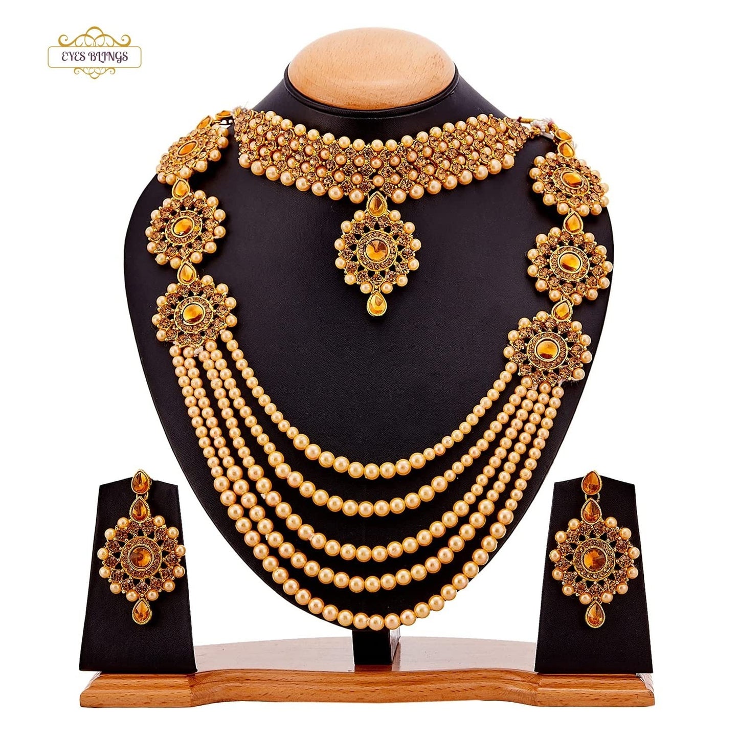 EYES BLINGS Womens Gold Plated Bridal Long Necklace Set Neck Choker with Earrings and Maang Tikka for Women & Girls
