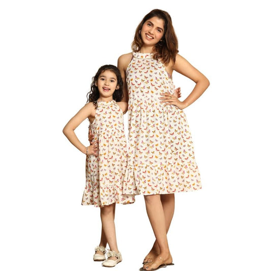 Critter kids Mom-Daughter Twinning Combo Set (Mom XS-5XL, Daughter 1-14 Years) - White Printed Tiered Sleeveless Cotton Dress, Matching Family Ethnic Outfits