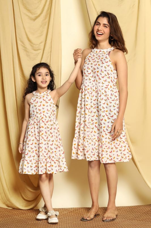 Critter kids Mom-Daughter Twinning Combo Set (Mom XS-5XL, Daughter 1-14 Years) - White Printed Tiered Sleeveless Cotton Dress, Matching Family Ethnic Outfits