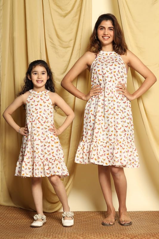 Critter kids Mom-Daughter Twinning Combo Set (Mom XS-5XL, Daughter 1-14 Years) - White Printed Tiered Sleeveless Cotton Dress, Matching Family Ethnic Outfits