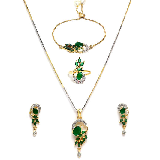 Zeneme Jewellery Set American Diamond Gold Plated Traditional Style Necklace Pendant Set, Ring, Bracelet with Earring Jewellery for Women and Girls