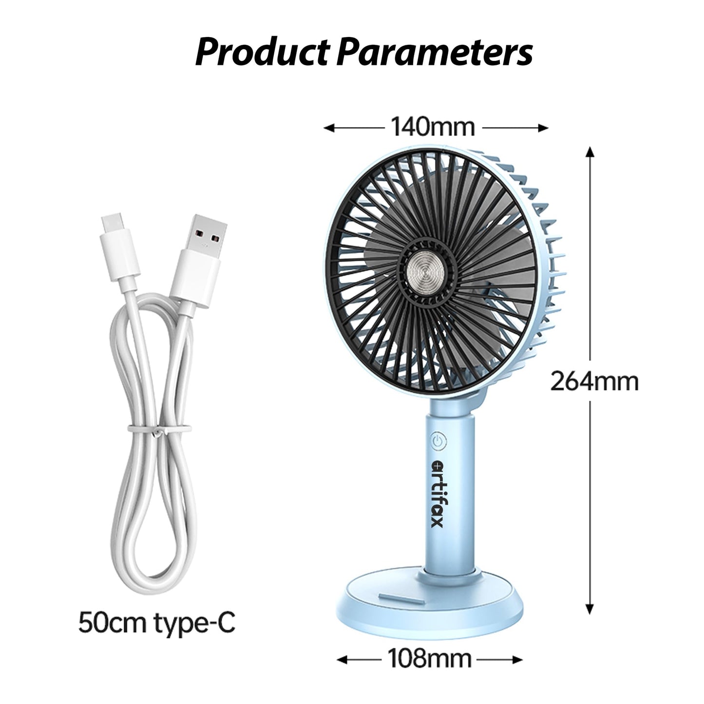 Artifax Rechargeable Portable Fan ART-B-3 | 90° Rotation | 3-Speed | Built-in Mobile Holder | Removable Grill | Type-C Charging | Compact, Durable & Easy to Use (Grey)