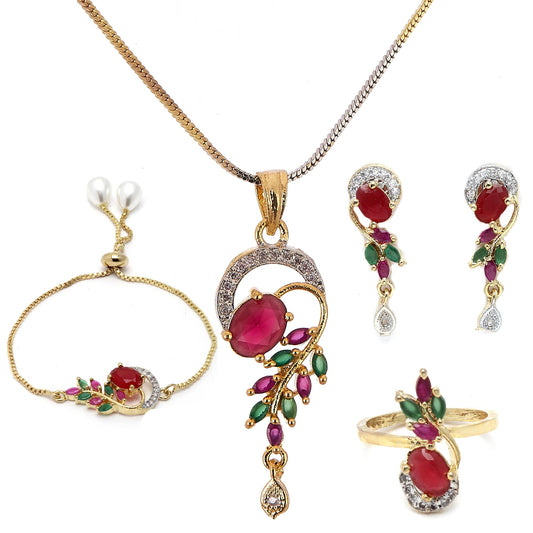 Zeneme Jewellery Set American Diamond Gold Plated Traditional Style Necklace Pendant Set, Ring, Bracelet with Earring Jewellery for Women and Girls