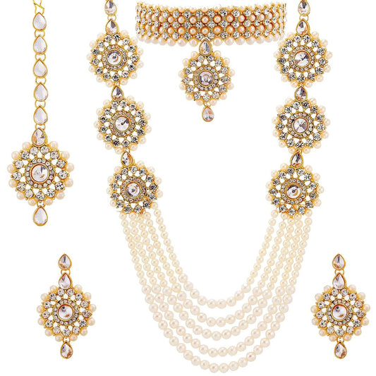 EYES BLINGS Womens Gold Plated Bridal Long Necklace Set Neck Choker with Earrings and Maang Tikka for Women & Girls