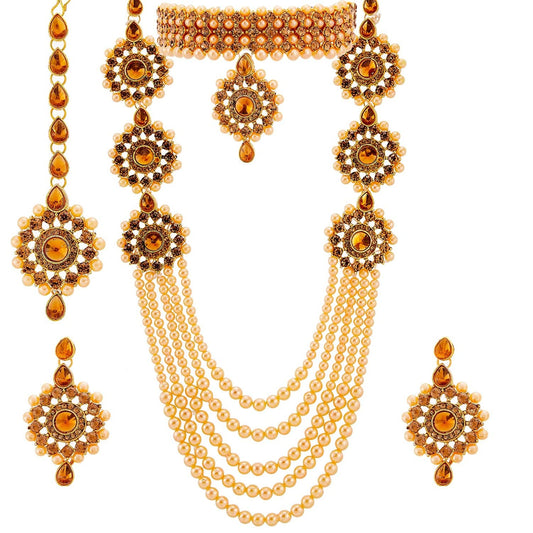 EYES BLINGS Womens Gold Plated Bridal Long Necklace Set Neck Choker with Earrings and Maang Tikka for Women & Girls